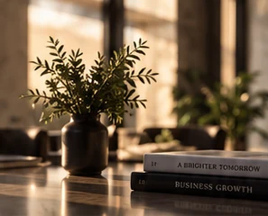 Warm still life of books and greenery in an executive workspace