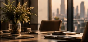 A sunlit meeting table overlooking the city