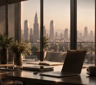 Warm executive workspace overlooking a city skyline at golden hour